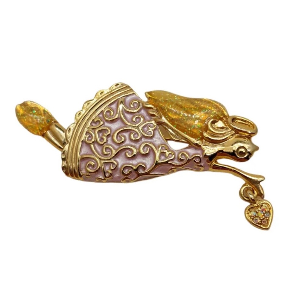 Vintage AAI Signed Angel With Heart Brooch 2 1/4” Pin Gold Tone Glitter Enamel